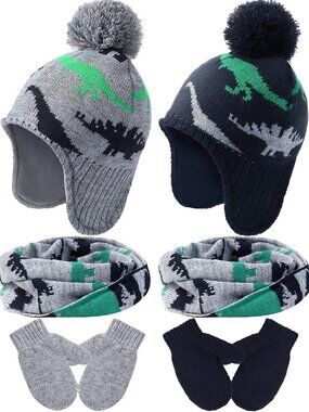 Cozy Dinosaur Winter Set for Toddlers - Beanie, Mittens & Scarf with Pompom